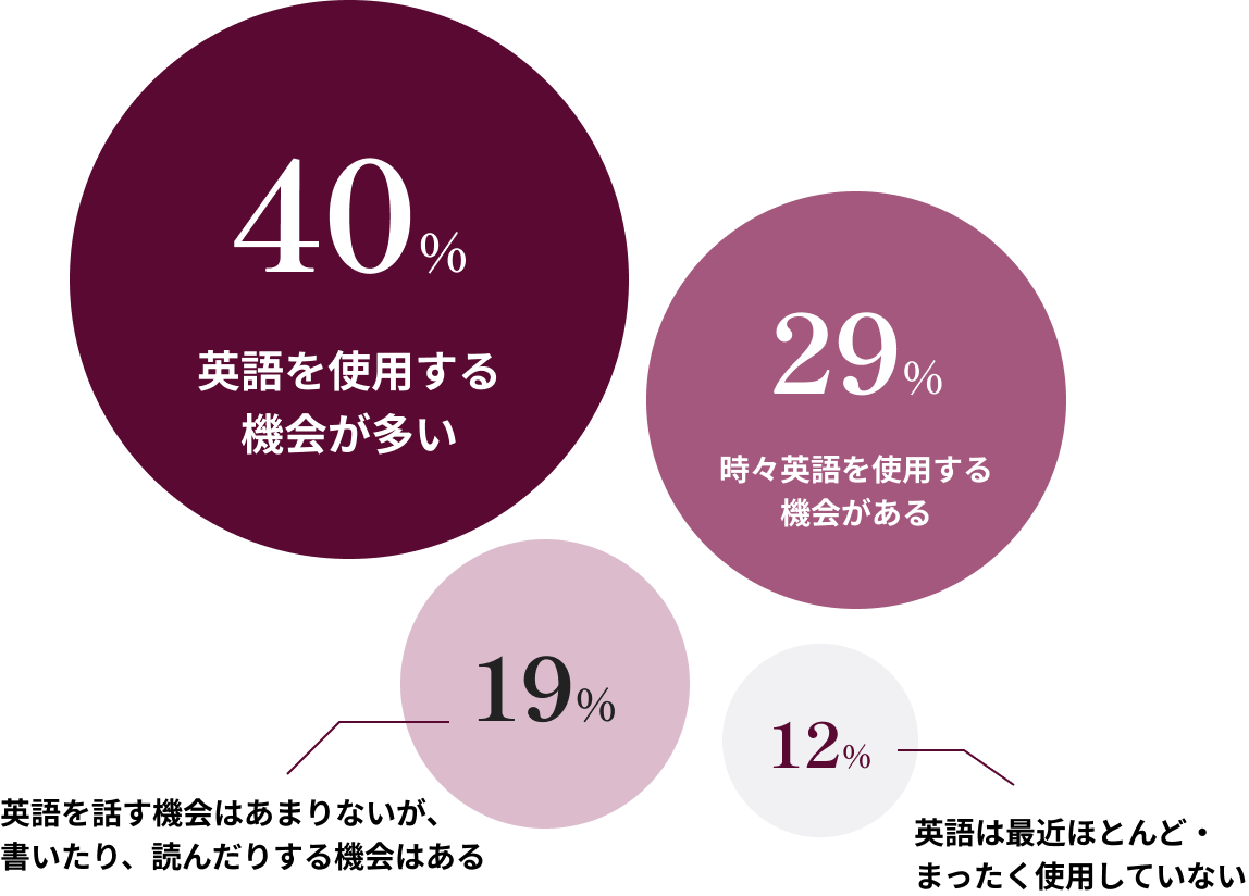 英語を使用する機会が多い:40% 時々英語を使用する機がある:29% 英語を話す機会はあまりないが、書いたり、読んだりする機会はある:19% 英語は最近ほとんど・まったく使用していない:12%